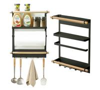OXTXO Magnetic Spice Rack for Refrigerator, 3-Tier Fridge Organizer Shelf with 6 Hooks, Wooden Design - Kitchen Storage Rack for Spices, Towels, Jars & Paper Roll (Blcak)