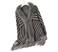 Oxtxuzdm Fashion Women Knitted Striped Shawl Cardigan Shrug Long Sleeve Open Front Furry Collar Tassels Sweater Ponchos Cloak Women's Knit Coverup Gray