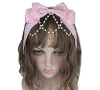 Oxtxuzdm Women Multilayered Lace Bows Headdress With Pearl Chain Big Bow Headband Maid Anime Cosplay Sweet Hair Hoop Props Lace Pearls Chain Hairband