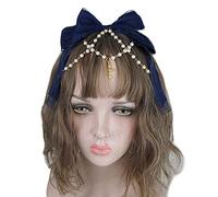 Oxtxuzdm Women Multilayered Lace Bows Headdress With Pearl Chain Big Bow Headband Maid Anime Cosplay Sweet Hair Hoop Props Lace Pearls Chain Hairband
