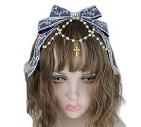 Oxtxuzdm Women Multilayered Lace Bows Headdress With Pearl Chain Big Bow Headband Maid Anime Cosplay Sweet Hair Hoop Props Lace Pearls Chain Hairband
