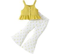 OXUBOAO Baby Girls Outfits Yellow Botton Halter Top + Floral Flare Leg Trousers 2Pcs Set Toddler Summer Clothes Size 1-5 Years (Yellow, 4-5T)