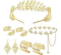 OXWIND Greek Goddess Accessories - 8Pcs Grecian Goddess Costume Accessories Set with Gold Leaf Crown Gold Leaf Waist Chain Armbands Bracelet and Dangle Earrings, Toga Accessories for Women