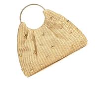 Oxxggkao Contemporary Round Handle Straw Bag With Beaded Embellishments And Roomy Compartment Casual Handbag For Women And Girls Woven Purse With Round Handle Detail