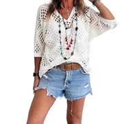 Oxxggkao Hollow Out Knitted Beach Shirt with Bat Sleeves See Throught Crochet Swimsuit Coverup Shirt for Vacation V Neck Wing Sleeve Screen