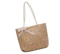 Oxxggkao Stylish Straw Woven Handbag with Lace Overlay Spacious Carryall Flower Embroidery Shoulder Bag for Holiday Essential Travel Shoulder Bag