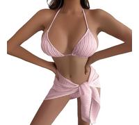 Oxxggkao Textured Ensemble with Wrap Skirt, Colorful Swimsuit Trio Multi-Tone Swimwear