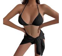 Oxxggkao Textured Ensemble with Wrap Skirt, Colorful Swimsuit Trio Multi-Tone Swimwear