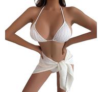 Oxxggkao Textured Ensemble with Wrap Skirt, Colorful Swimsuit Trio Multi-Tone Swimwear