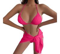 Oxxggkao Textured Ensemble with Wrap Skirt, Colorful Swimsuit Trio Multi-Tone Swimwear