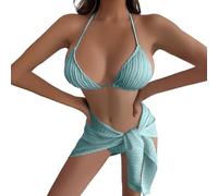 Oxxggkao Textured Ensemble with Wrap Skirt, Colorful Swimsuit Trio Multi-Tone Swimwear