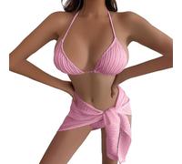 Oxxggkao Textured Ensemble with Wrap Skirt, Colorful Swimsuit Trio Multi-Tone Swimwear