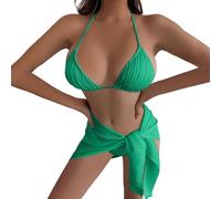 Oxxggkao Textured Ensemble with Wrap Skirt, Colorful Swimsuit Trio Multi-Tone Swimwear