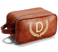OXYEFEI Personalized Gifts for Men, Personalized Large Toiletry Bag for Men,Custom PU Leather Waterproof Mens Toiletry Travel with Initial Essential Dopp Kit Shaving Bag (D, Light Brown)