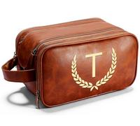OXYEFEI Personalized Gifts for Men, Personalized Large Toiletry Bag for Men,Custom PU Leather Waterproof Mens Toiletry Travel with Initial Essential Dopp Kit Shaving Bag (T, Light Brown)