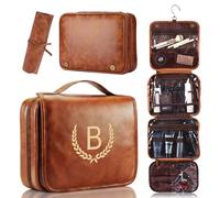 OXYEFEI Personalized Hanging Travel Toiletry Bag Gift for Men,Engraved Initial PU Leather Mens Large Toiletry Travel Essential Organizer Dopp Kit Shaving Bag for Him Birthday (B, Light Brown)