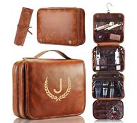 OXYEFEI Personalized Hanging Travel Toiletry Bag Gift for Men,Engraved Initial PU Leather Mens Large Toiletry Travel Essential Organizer Dopp Kit Shaving Bag for Him Birthday (J, Light Brown)