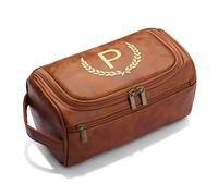 OXYEFEI Personalized Toiletry Bag for Men,Personalized Gifts for Men,Engraved Initial PU Leather Mens Toiletry Travel Shaving Travel Essentials Toiletries Bag for Him Birthday (P, Light Brown)