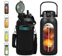 OxyFlask 64oz Glass Water Bottle with Straw, Motivational Time Marker, Silicone Sleeve & Phone Holder, Reusable Half Gallon Bottle with Pouch (Luxury Black)