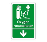 Oxygen resuscitator arrow down - safety sign, health & safety signage, workplace safety, High tack self-adhesive sticker (150mm x 100mm) Viewing Distance within 3m.