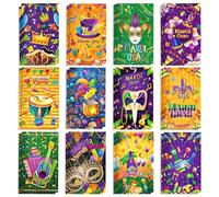 OXYLIPO 24Pcs Purim Mini Notebooks - Purple Green Gold Carnival Theme Small Notepads with Mask, Fleur-de-lis, and Bead Patterns for Mardi Gras Theme Party Favors, School Classroom Rewards,Office Memo