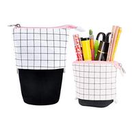 Oyachic Telescopic Pencil Case Transformer Stand Store Pencil Pouch Plaid Pencil Holder Canva Pen Bag Stationery Organizer Box with Zipper for Student
