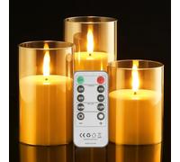 Oyajia Led Flameless Candles,Battery Operated Flickering Candles Pillar,Gold Glass Effect with Remote Timer,Three Size Electric Candles Creating an Atmosphere for Dinner,Light Up The Room,Gray