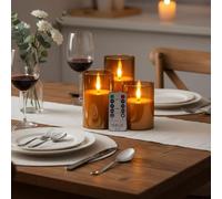 Oyajia Led Flameless Candles,Battery Operated Flickering Candles Pillar,Gold Glass Effect with Remote Timer,Three Size Electric Candles Creating an Atmosphere for Dinner,Light Up The Room Gray