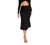 Oyamiki Black Zipper Satin Skirt Elasticized Waistband Elegant Solid Flowy Midi Long Skirts A Line Work Summer Mermaid Skirt, XL