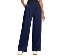 Oyamiki Casual Womens Trousers with Pockets Waffle Knit Wide Leg Business Navy Blue Smart Pants Elasticated Waist in The Back S