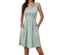 Oyamiki Floral Summer Dresses with 2 Pockets for Women A-line High Waist Casual Elegant Wedding Guest Square Neck Green Sleeveless Dress M