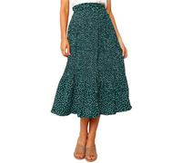 Oyamiki Ladies Skirt Elasticated Waist Print Dot Swing Pleated Maxi Skirt A Line Ruffle Long Skirts, S Green