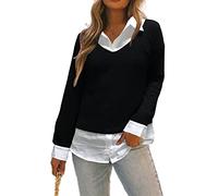 Oyamiki Women's Casual Collared Curved Hem 2 in 1 Pullover Tops Plaid Contrast Shirt Blouse, B04 Black White, S