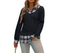 Oyamiki Women's Casual Collared Curved Hem 2 in 1 Pullover Tops Plaid Contrast Shirt Blouse, B14-black Plaid, XL