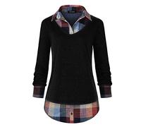 Oyamiki Women's Casual Collared Curved Hem 2 in 1 Pullover Tops Plaid Contrast Shirt Blouse - Black - Medium