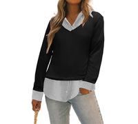 Oyamiki Women's Casual Collared Curved Hem 2 in 1 Pullover Tops Plaid Contrast Shirt Blouse, Black Pinstripes, S