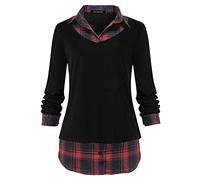 Oyamiki Women's Casual Collared Curved Hem 2 in 1 Pullover Tops Plaid Contrast Shirt Blouse - Black - Small