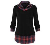 Oyamiki Women's Casual Collared Curved Hem 2 in 1 Pullover Tops Plaid Contrast Shirt Blouse, Black2, XXL