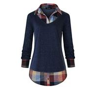 Oyamiki Women's Casual Collared Curved Hem 2 in 1 Pullover Tops Plaid Contrast Shirt Blouse - Blue - X-Large