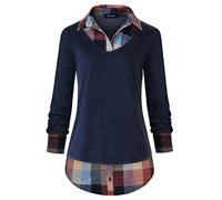 Oyamiki Women's Casual Collared Curved Hem 2 in 1 Pullover Tops Plaid Contrast Shirt Blouse, Blue2, XL