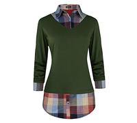 Oyamiki Women's Casual Collared Curved Hem 2 in 1 Pullover Tops Plaid Contrast Shirt Blouse - Green - XX-Large