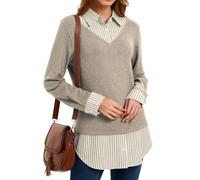 Oyamiki Women's Casual Collared Curved Hem 2 in 1 Pullover Tops Plaid Contrast Shirt Blouse, Khaki Pinstripes, XXL