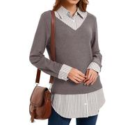 Oyamiki Women's Casual Collared Curved Hem 2 in 1 Pullover Tops Plaid Contrast Shirt Blouse, Light Brown Pinstripes, L