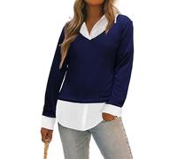 Oyamiki Women's Casual Collared Curved Hem 2 in 1 Pullover Tops Plaid Contrast Shirt Blouse, Navy Blue-White, Medium