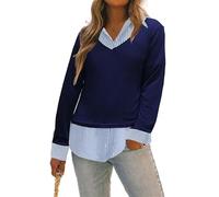Oyamiki Women's Casual Collared Curved Hem 2 in 1 Pullover Tops Plaid Contrast Shirt Blouse, Navy Blue Pinstripes, M