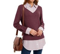 Oyamiki Women's Casual Collared Curved Hem 2 in 1 Pullover Tops Plaid Contrast Shirt Blouse, Red Pinstripes, Small