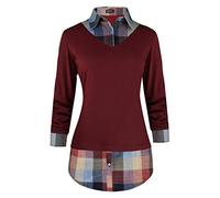 Oyamiki Women's Casual Collared Curved Hem 2 in 1 Pullover Tops Plaid Contrast Shirt Blouse - Red - XX-Large