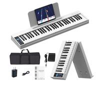 OYAYO Portable Foldable Piano 61 Keys with Built-in Battery, Bluetooth MIDI & Audio Electronic Keyboard, 128 Tones 128 Rhythms LED Display, Includes Sustain Pedal (White)