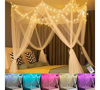 Oycbuzo 8 Corners Post Canopy Bed Curtains, Princess Bed Canopy with Color Changing Star String Lights, Hanging 4 Door Square Bed Net for Girls Adults Women Bedroom Decor, Twin to King Size Bed