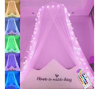 Oycbuzo White Bed Canopy for Girls, 100LED Canopy Bed Curtains with 24 Colors Changing Lights, Hanging Princess Bed Netting for Women Gifts Girls Bedroom Decor, Single to King Size Beds